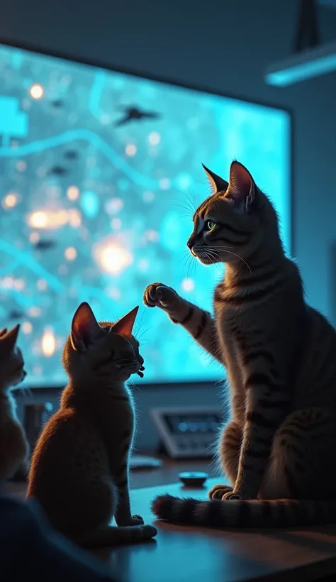 "In a brightly lit war room, the dad cat points at a holographic map showing enemy positions. The baby cat listens intently, wearing a miniature headset. Other cat commanders surround them, analyzing the strategy while tanks and jets are displayed on holog...