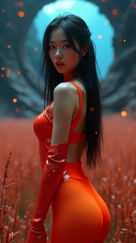 (Qingxu_fotografía realista de retratos de belleza asiática_v11), (Qingxu_fotografía realista de retratos de belleza asiática_f.11), live-action、real、((metroid: Samus Aran)), ((black hair),  leggings Lycra fitted orange color , (( Moderate bust )), ( Prett...