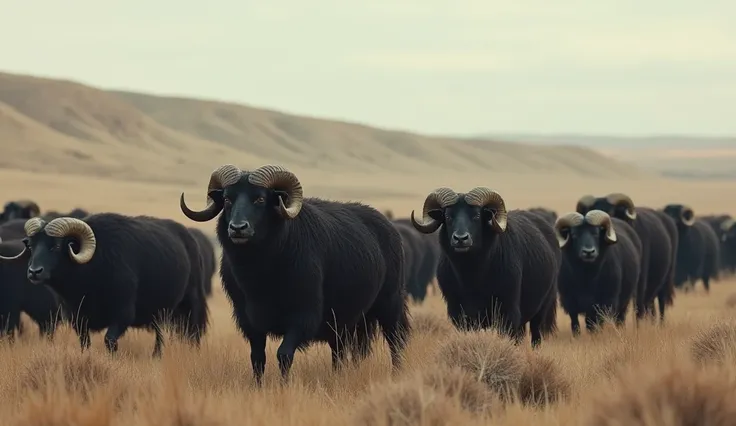 There is a group of black sheep with big horns on their heads in the distant prairie