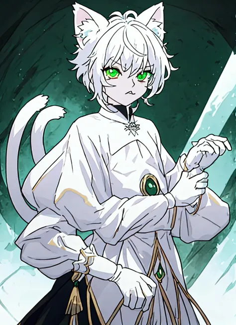 make a young catboy boy with white hair, green and red heterochromatic eyes, slightly and a little effeminate appearance, with a more gothic style slightly pulled towards the Victorian, with some pale flower accessories, white gloves, accessories similar t...