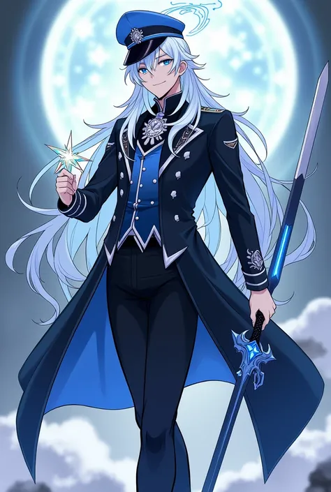 A Genshin Impact Character Tall Male mid age form Snezhnaya Wear a long black light coat with silver-blue trims, a black and white shirt under the coat, black pants, and long boots. Long white starry hair with blue tips. Wears a beautiful officers military...