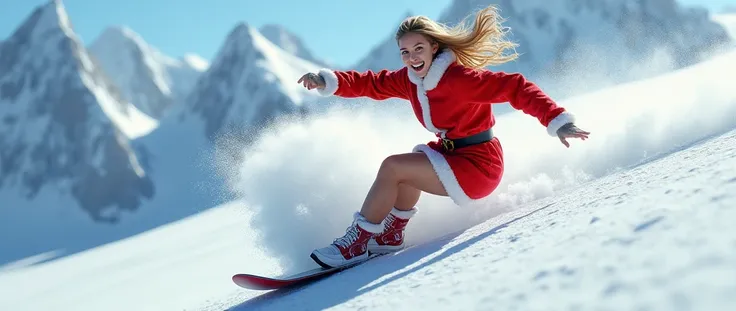 8k,Realistic、 photorealistic 、 Details、The location is a large ski slope 、You can see snowy mountains in the background 、 The main character is a beautiful 17-year-old Arabian woman 、 semi-long blond hair 、 hair fluttering in the wind、 Big Breasts 、 blue e...