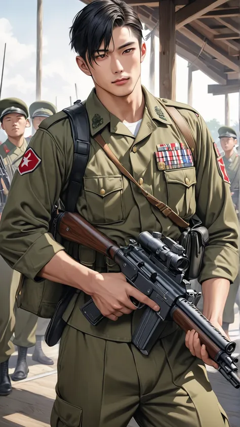 (photorealism:1.2), very Handsome japanese man, 22-27 year-old, army , tight army uniform, with gun