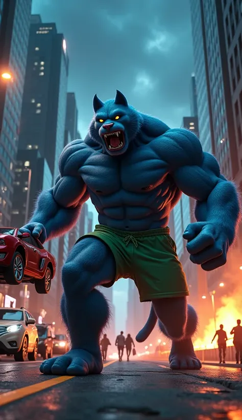 In cinematic 3D style, HD image, realistic image ,colourful image,
Character,big huge muscular body blue hulk cat wearing green shorts
Action,It is night, there is a road in the middle, there are huge glass buildings on both sides, on one building a muscul...