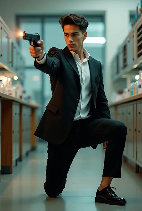 A 28-year-old boy is stylishly firing a gun in a college biology lab with one knee on top of the other.