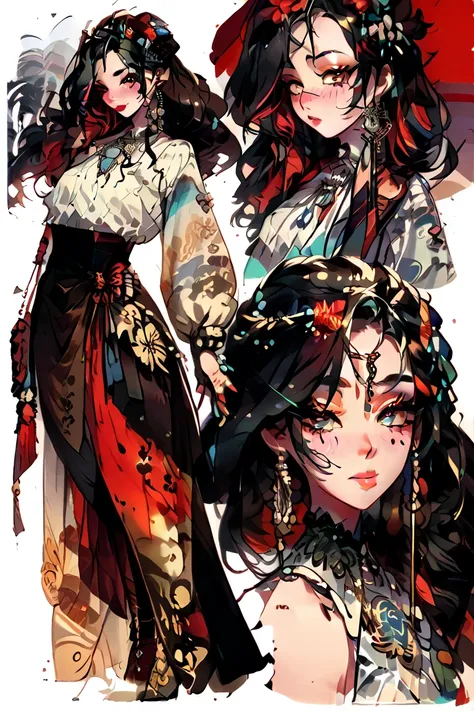 "A highly detailed anime-style character sheet of a beautiful and gorgeous young adult female character, aged 20-28, presented in front, side, and back views. She has smooth, flawless skin, large expressive eyes, and a delicate nose. Her features are symme...