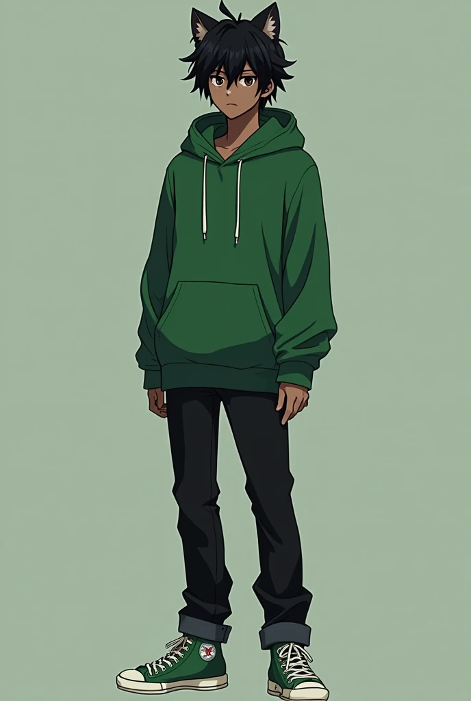 An anime  men,dark skin, dark brown eyes, black hair, green hoodie, black pants, black cat ears, green and white shoes, 