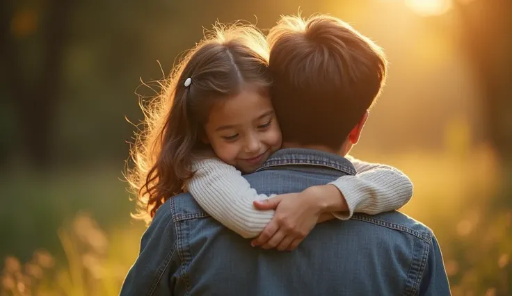  your silence reveals a thousand poems without words , No rhymes ,  but mischievous .  Visual metaphor of a smiling girl embracing her father.  Photographic shot in the foreground .