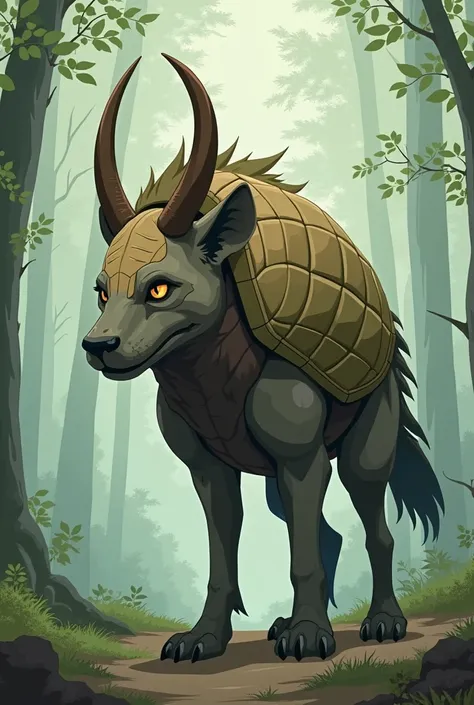 A shield from the rebel tribe that combines the body of a hyena with the armored features of a beetle, illustrated in an anime style reminiscent of the 1980s-1990s. The creature has the muscular, predatory build of a hyena, with sharp claws and powerful pa...