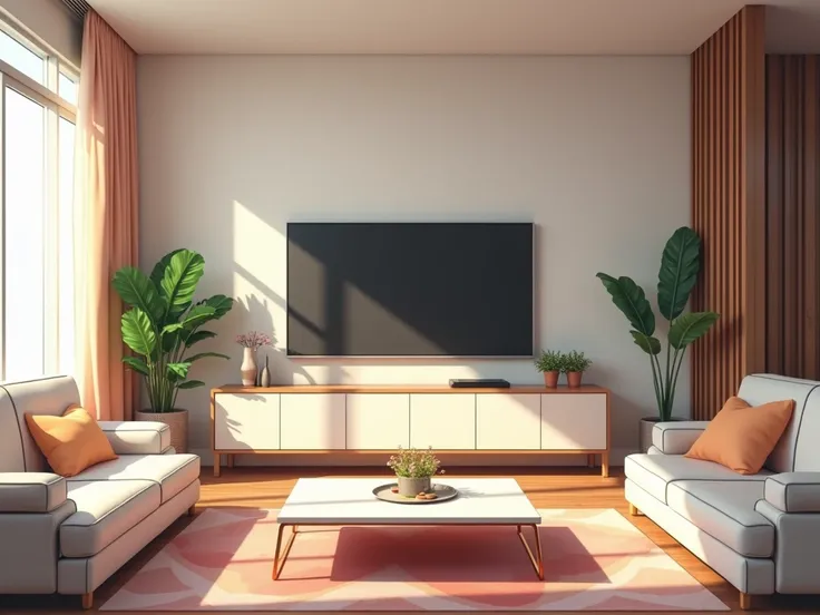 a room,  anime style, with a large sofa watching a TV and a table in the center of the day