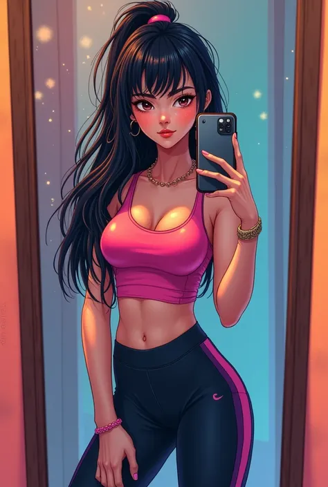 17-year-old teenage girl with long black hair ,  with sportswear ,  taking a picture with her cell phone in front of a full-length mirror