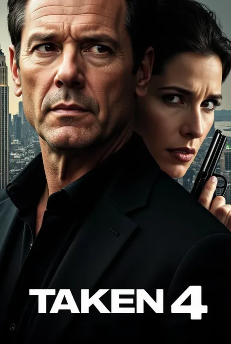 Create a poster for the movie TAKEN 4 "Payback" Final Trailer (2024) Liam Neeson, Michael Keaton | Bryan Mills Returns.
Image: The poster focuses on the two main actors: Liam Neeson (in the foreground, taking up most of the frame) and Famke Janssen (in the...