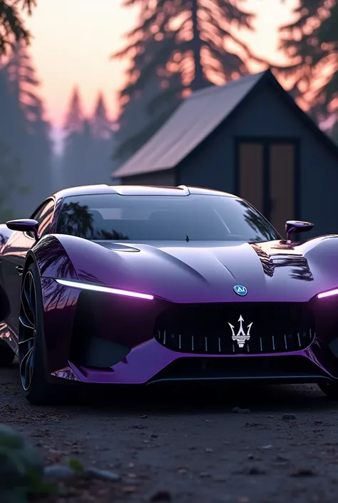  REALISTIC IMAGE, concept car, maserati,  sw big futuristic ,  camping in the background, dark purple car ,  LED Headlights ,  side view, whole car, símbolo da maserati na frente do carro