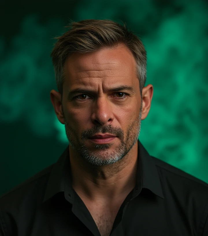 Brutal painting , handsome Thai man , 55 years, in a professional photoshoot, short hair, studio lighting, dark green smoky atmosphere