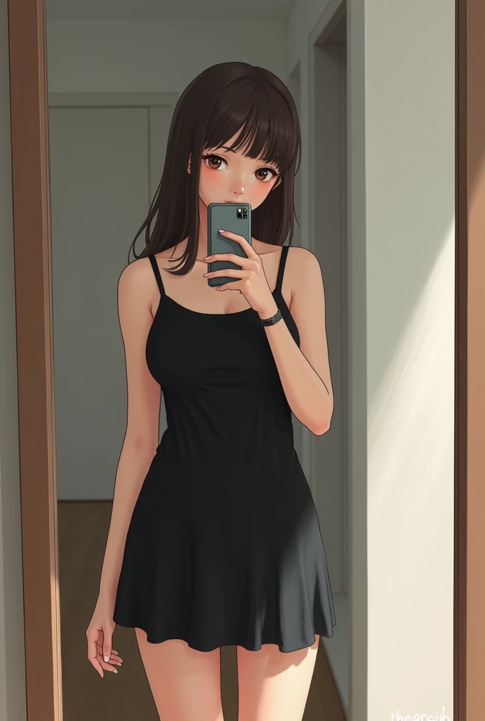 17-year-old teenage girl with dark brown hair and eyes in a short black dress taking a picture with her cell phone in the full-length mirror