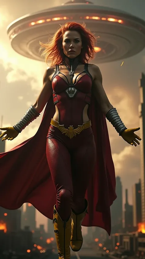 (((Snakeskin costume ))),((( A beautiful woman with red hair Magneto helmet))),((( levitating in the air ))) under the mantle of the mutant Jean Grey ))),((( Wearing a red jumpsuit))),(((Red corset with red sleeves ))),(((Legis red ))),((( Knee-length yell...