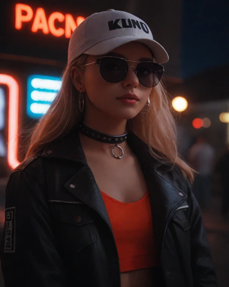 plano cercano del rostro,  looking over black sunglasses, jacket, collar,  reflections of neon light on the skin, earring, make-up,  long blond hair , cap, neon light background , low light,  depth of field ,  crotch ,  high contrast ,  film grain ,  edge ...