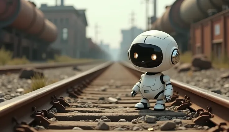 A cute white robot is staring at the broken railroad tracks.