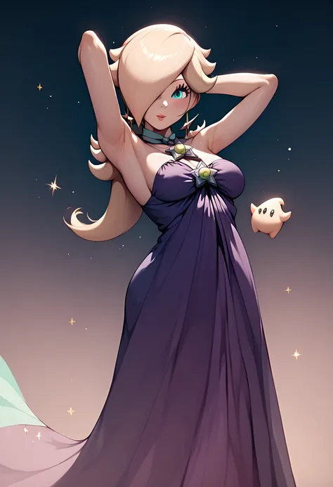 Rosalina, elegant purple dress, showing armpits