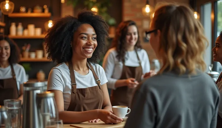 A realistic scene inside a café where Emily, a Black woman working behind the counter, is helping her colleagues with a smile. She is being attentive and supportive, offering assistance to her fellow workers in a friendly and positive manner. Emily is know...