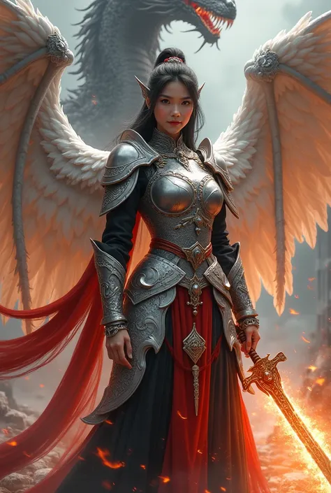 Portrait Of A Beautiful Young Asian Female Warrior Thin Smile Long Hair  , Epic With Silver Steel Harness Engraved Dragon Engraved Full Red Ornament, has large white wings ,  holding a huge golden red glowing sword .  Background in the form of a black drag...