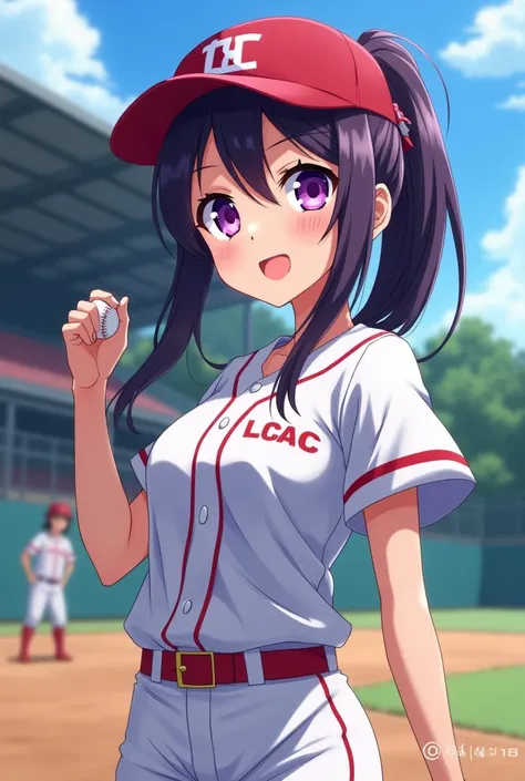 Japanese animation style、High school girl、Baseball uniform 、 Baseball Cap 、Dark Purple Long Hair、single ponytail、 purple pupils