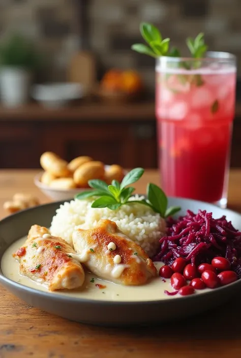 A plate with chicken pieces in white milk sauce, accompanied by white rice ,red beans,Scrambled purple beetroot salad with mayonnaise, a glass of fresh natural and in the background a beautiful kitchen  