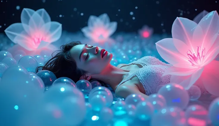 An imaginative, surreal photoshoot featuring a slim and beautiful 18-years old woman with porcelain skin and avant-garde fashion, sleeping and floating in a sea of iridescent bubbles against a dark, starry background. Hyper-detailed, 4K resolution, with bo...