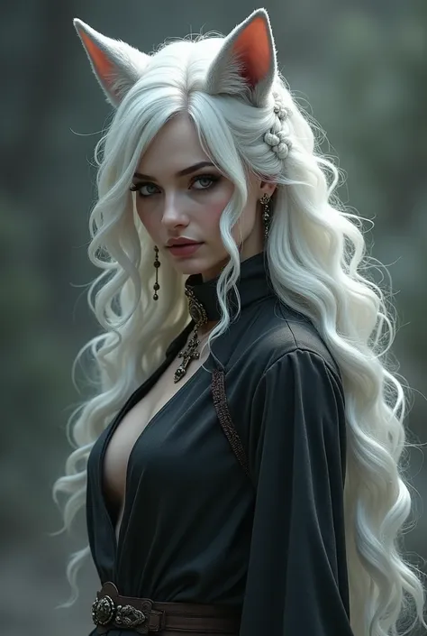 Mujer zorro  white hair  con ojos grises Cabello largo, cabello muy largo,  white hair ,  Hair over one eye ,  wavy hair , Only one side tied, one side braid, hair ring,  Curly Hair , breasts,  Fox ears ,  doing alchemy and position , making weapons ,  mak...