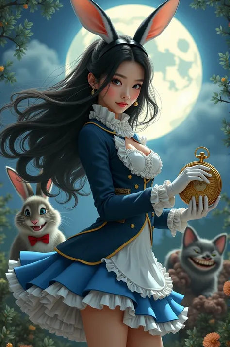 Realistic the sexy beautiful japanese long hair in alice in wonderland short mini skirt costume dressing come along with the hasty demeanor walking white rabbit in luxurious dark blue suit jacket white gloves and big gold pocket watch hold in hand backgrou...