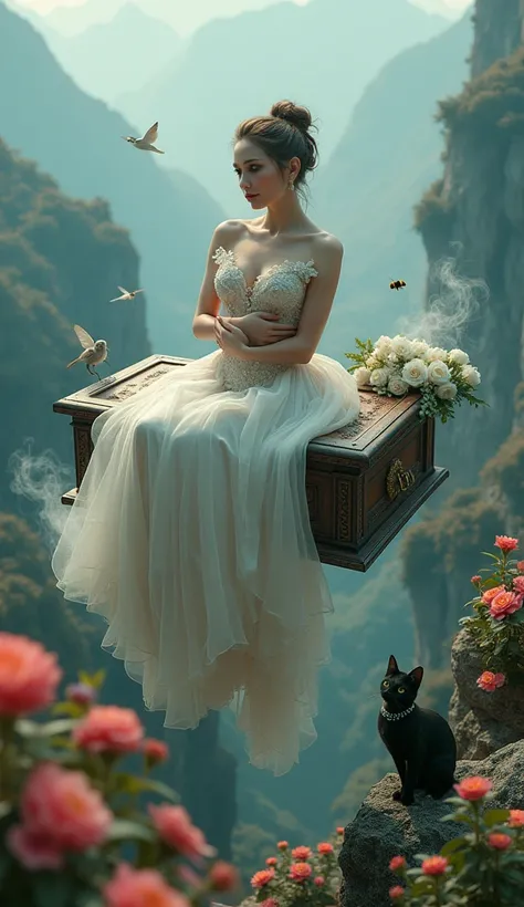 A flirtatious and beautiful woman ， Exquisite facial features ，Ancient Bride Dress Up ，gorgeous lipstick and nail polish， sits on an ancient, strange and mysterious coffin，The coffin hangs in the middle of the air ，Cool pose， She is holding a little white ...