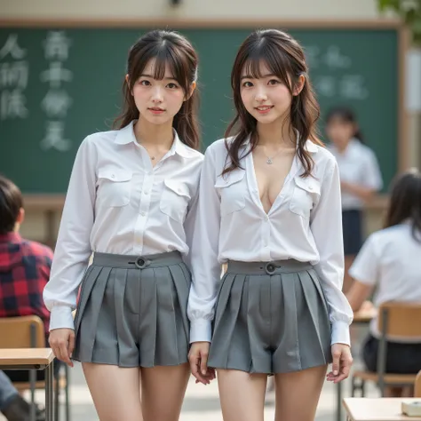 『Her face and hairstyle have a different vibe 2 Japanese girls:1.3』『 real photo:1.3』 top quality:1.2、(( Big Breasts ))、 Slightly Visible Cleavage 、(( young woman))、(( has red cheeks))(( smiling in the pool changing room :3))、((( anatomically correct、 perfe...