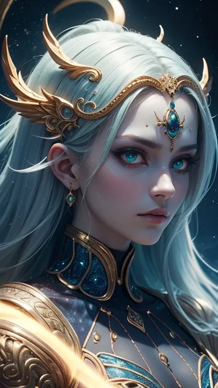 A highly detailed and vibrant fantasy close-up portrait of a mystical woman with pale bluish-gray skin, glowing green eyes, and golden glowing patterns around her face. Her expression is calm but intense, exuding power and mystery. She is surrounded by int...