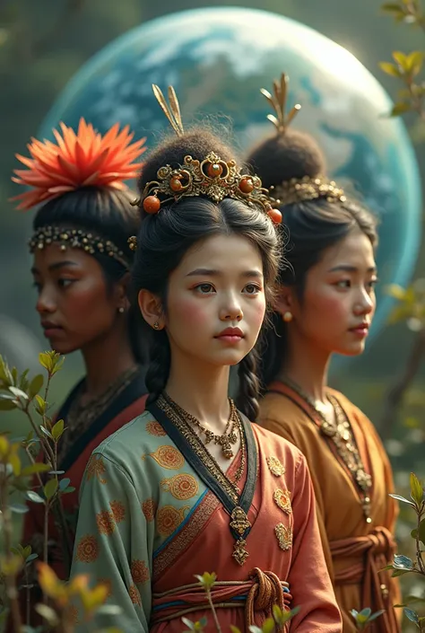  Imagine three ren with different ethnicities and characteristics,  symbolizing the unity and diversity of all peoples .  They are in a natural setting , with planet Earth in the background , protected by a luminous aura 