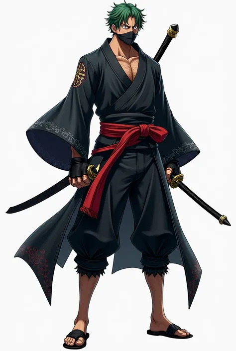 
 Visual Base of Ninja Swordsman in One Piece
Clothes :

 A short kimono stylized with an asymmetric cut ,  in black or dark blue ,  adjusted to the movements .
 Red or silver details on the edges of the kimono ,  representing a unique and modern touch .
 ...