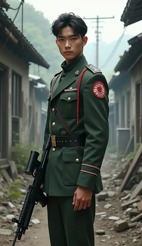 (photorealism:1.2), very Handsome japanese man, 22-27 year-old, army, tight army uniform, background broken village, with gun