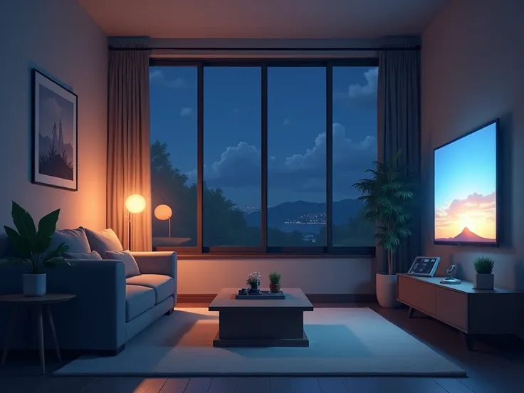 a room,  anime style, with a TV on the wall and a sofa in front of it and a table in the center, Let it be night