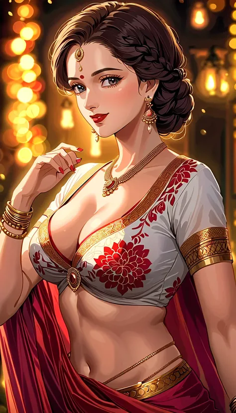 a mature woman , single hair braid, detailed alluring eyes, smooth detailed lips, beautiful face, smiling, red lipstick, navel, bangles, saggy breasts, small cleavage, beautiful floral white saree with intricate patterns, big long jhumka earrings, ),HDR,UH...