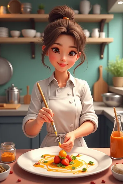 A cute girl chef hand painting 
