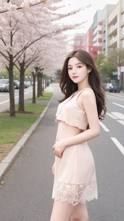 A beautifull young girl standing near a cherry blossom tree, wearing a nice looking 👌 dress,have fluffy , fit figure, long hair, enjoying  the scene, perfect daylight, gentle windblow, the cheery bloowsoms falling all over the street among the above of the...