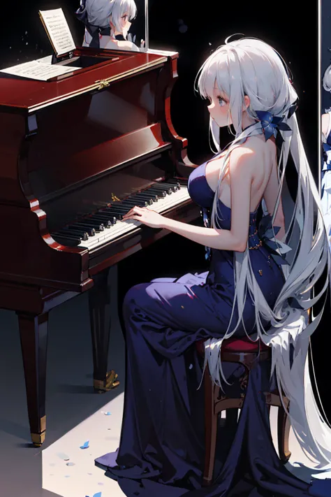  long gray hair ，Snow Queen，Playing the piano，Royal sister，Evening Dress