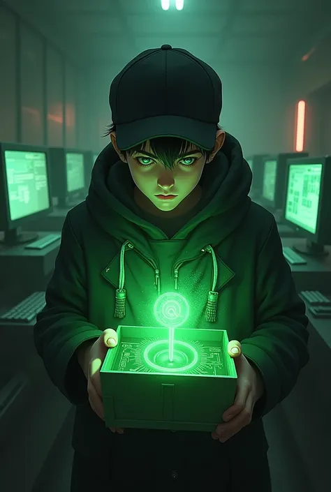 Create an image of a realistic teenage boy looking at the box and opening it face forward in a black coat with a cap on his coat picking up a green box is a lot of green hack number spinning the box is several computers in the background