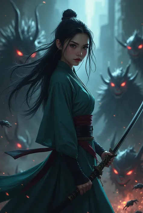 Mulan-style swordswoman girl facing dark and dangerous creatures