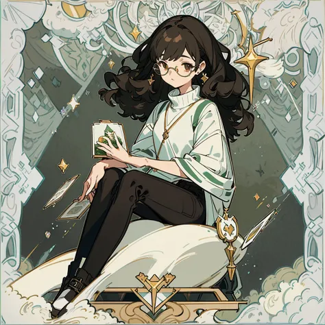 Beautiful girl, long and curly black hair, dreamy brown eyes, ripped jeans, cropped sweater green and white striped, black shoes, clear frame glasses, fair skin, pleasant appearance, NOT SUGGESTIVE (((masterpiece))) (((highest quality))) tarot card backgro...