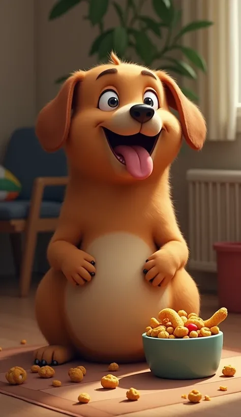  Generate a hyper-realistic image of a sausage dog with a puffed belly eating,  next to it a container with some food , some food scattered on the floor .