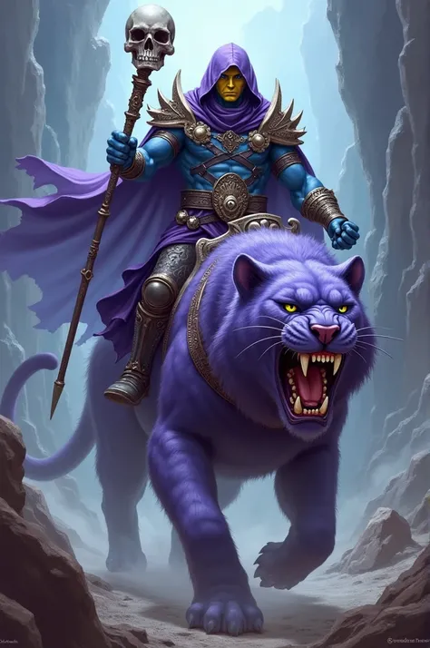  Yellow-faced yellow-faced blue man / Purple hood/ purple cover /  armor with bone details  / holding a skull staff /  riding a giant purple warrior panther with huge claws in combat position 