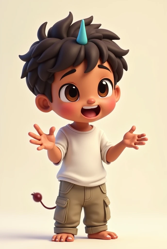  create my cute animation style character
Description :  sweaty dark brown hair ,  dark brown eyes , loose white clothing , cargo pants,  a little blue horn on the head , he is brown, Make him explain something