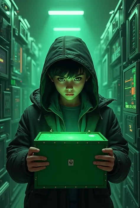 Create an image of a realistic teenage boy looking at the realistic box and opening it face forward in a black coat with a cap of his coat picking up a green box is a lot of green hack number spinning around the box is several computers on the green backgr...