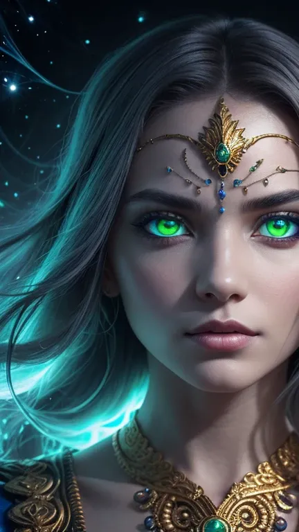 A highly detailed and vibrant fantasy close-up portrait of a mystical woman with pale bluish-gray skin, glowing green eyes, and golden glowing patterns around her face. Her expression is calm but intense, exuding power and mystery. She is surrounded by int...