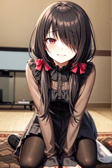 1girl, solo, kneeling, seiza, cckurumi, long hair, low twintails, hair flower, hair over one eye, hair bow, gothic, black dress, ribbon, pantyhose, slippers, sitting, smile, looking at viewer, leaning forward, indoors, living room, television, window, plan...